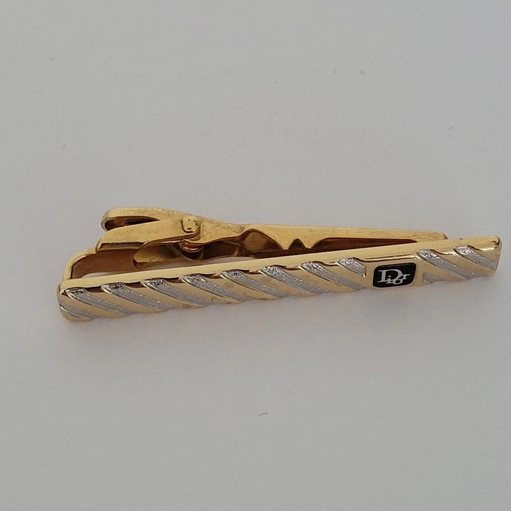 Christian Dior Vintage‎ Tie Clip Gold Silver Two Tone Logo Textured Made Germany